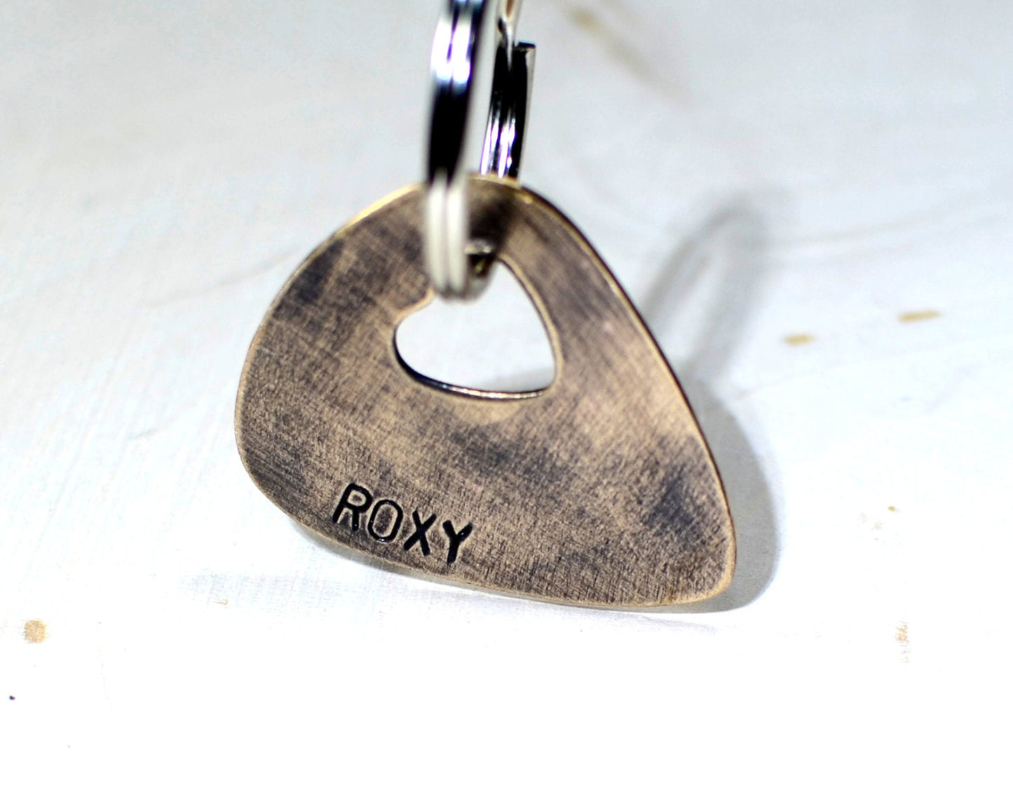 Guitar Pick Bronze Dog Tag with a Heart and Personalized Engraving