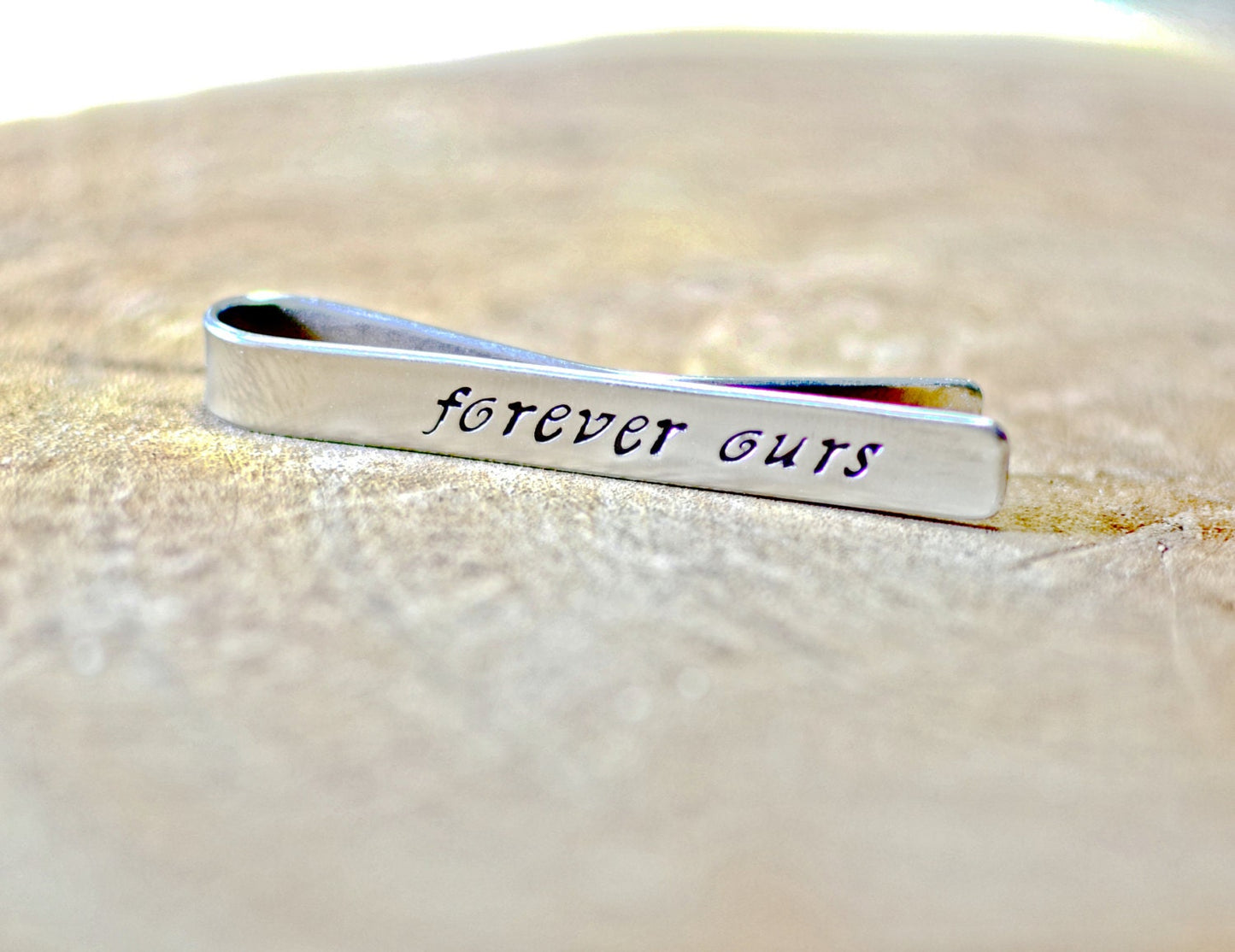 Sterling silver tie clip with forever ours for weddings and anniversaries