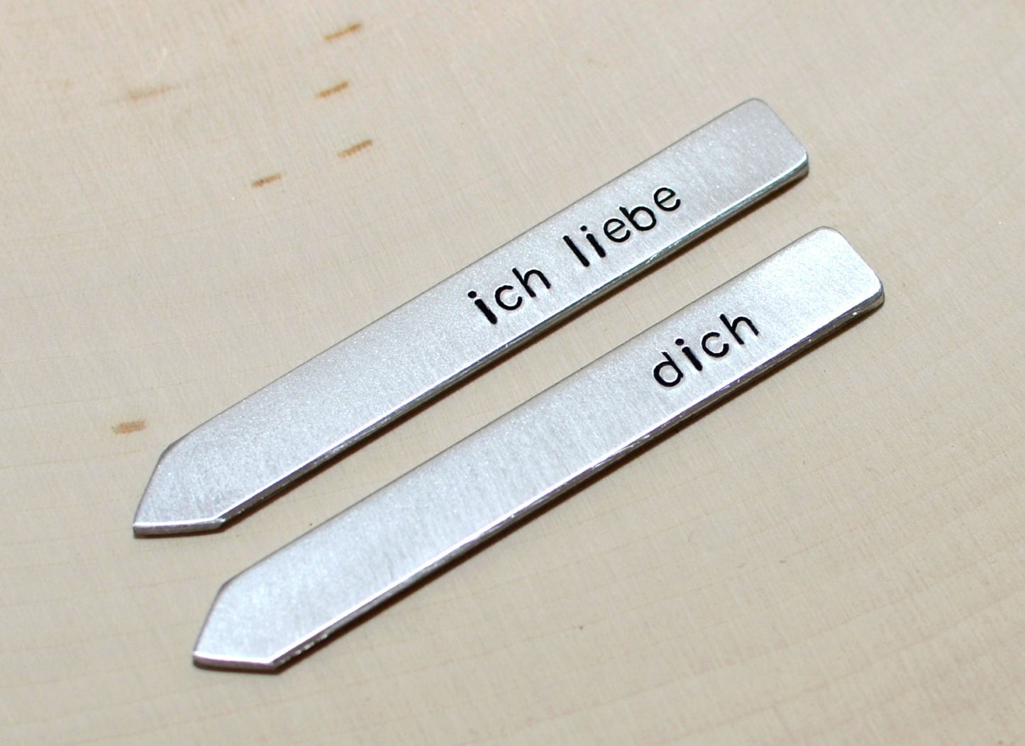Ich liebe Dich Thick Aluminum Collar Stays stamped with I Love You in German