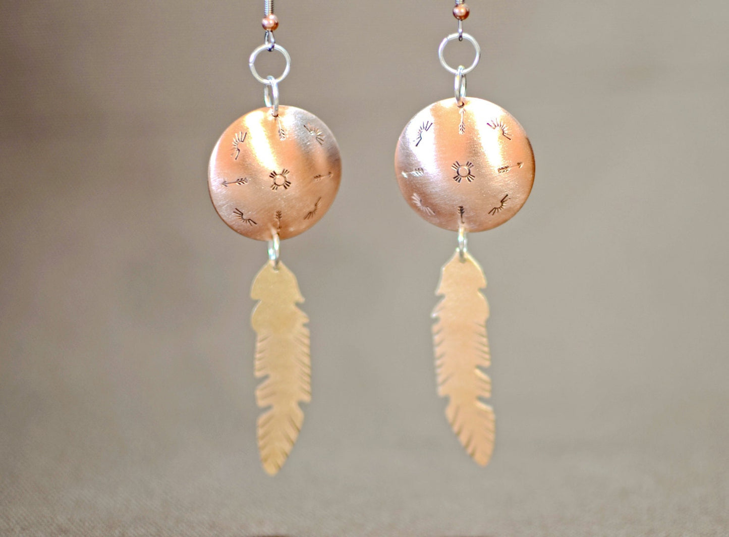 Bronze Feathers from Copper Disc Dangle Earrings
