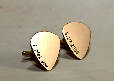 Personalized bronze guitar pick cuff links with latitude longitude coordinates, NiciArt 