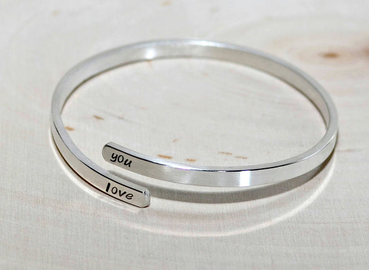 Adjustable Sterling Silver Bangle stamped with I Love You or your personalized requests