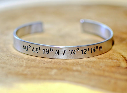 Latitude longitude personalized coordinates in aluminum cuff bracelet