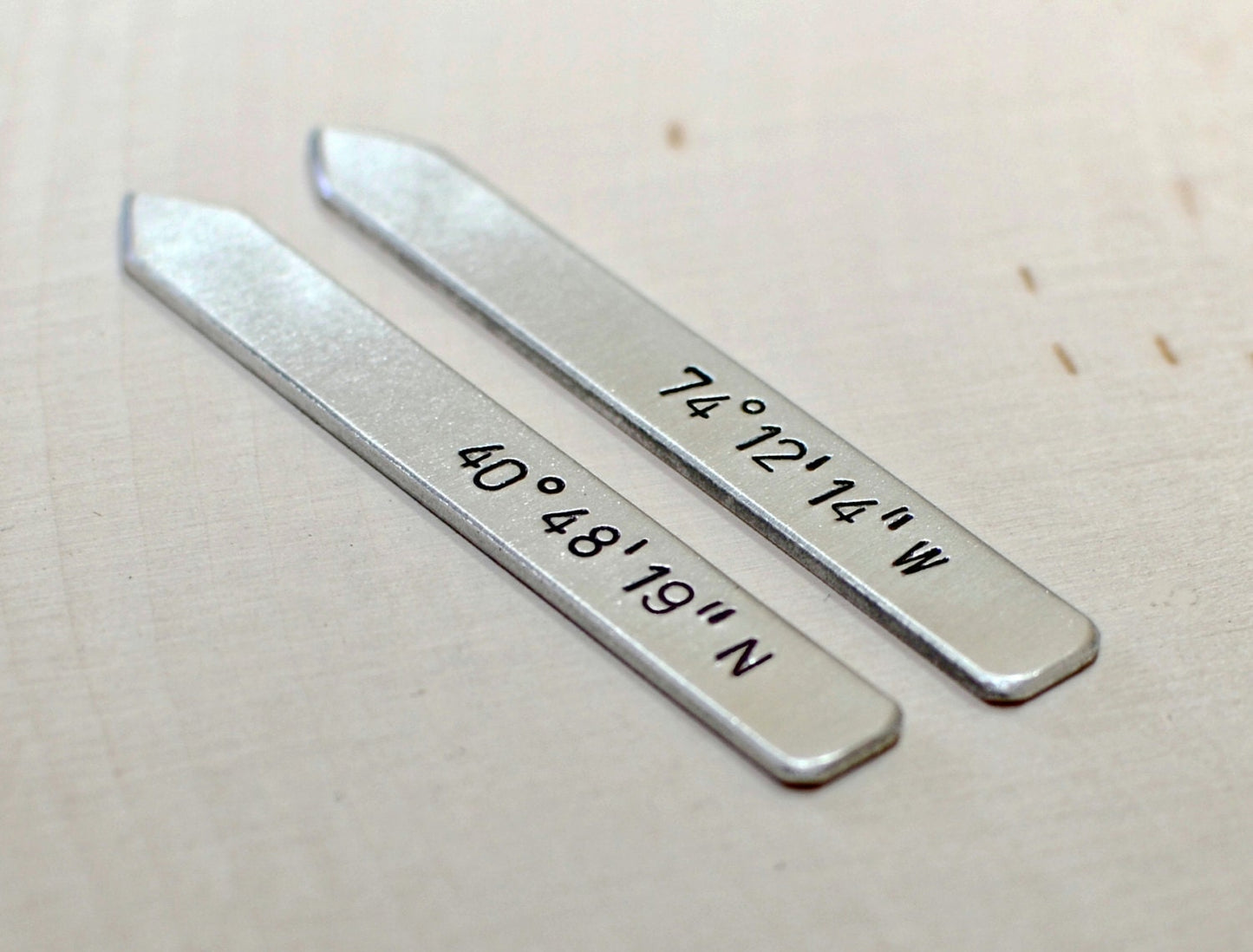 Sterling silver collar stays with personalized  latitude longitude coordinates