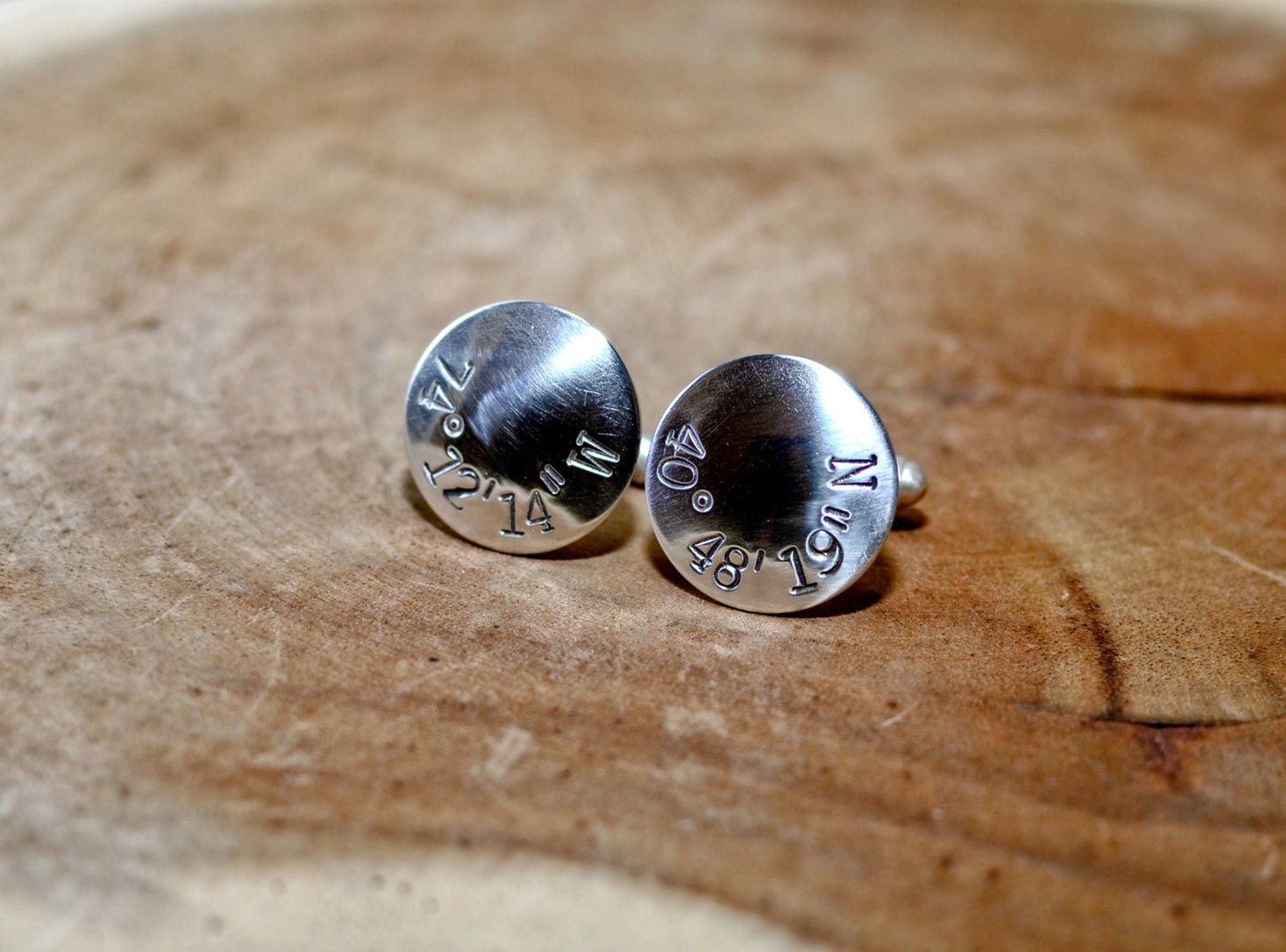 Location themed sterling silver cuff links with your latitude and longitude coordinates