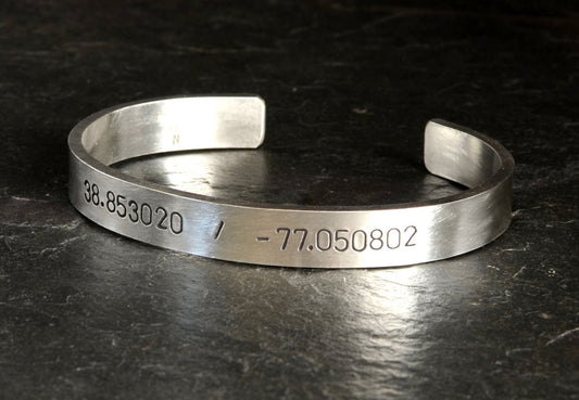 Personalized latitude and longitude coordinates chunky sterling silver bracelet