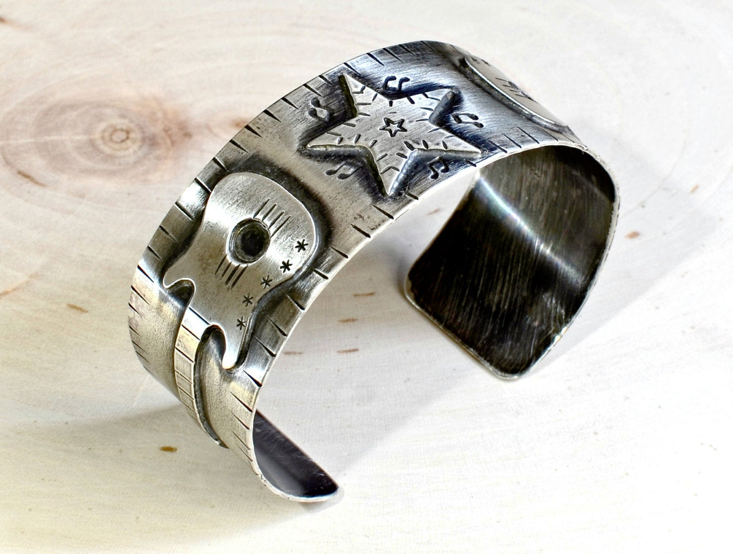 Guitars and stars sterling silver cuff bracelet